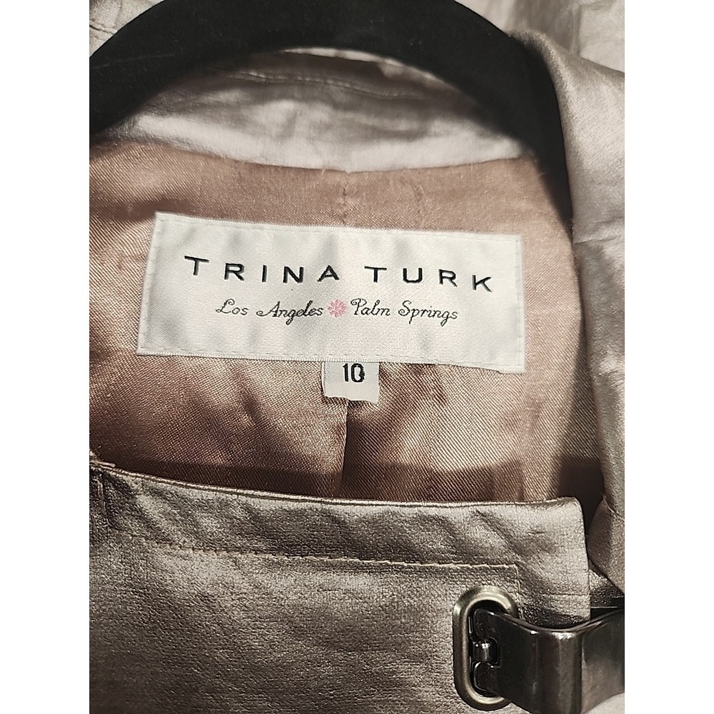 Vtg Trina Turk Women's Sz 10 Silver Clip Closure Pearlized Linen Trench Raincoat - Picture 6 of 8